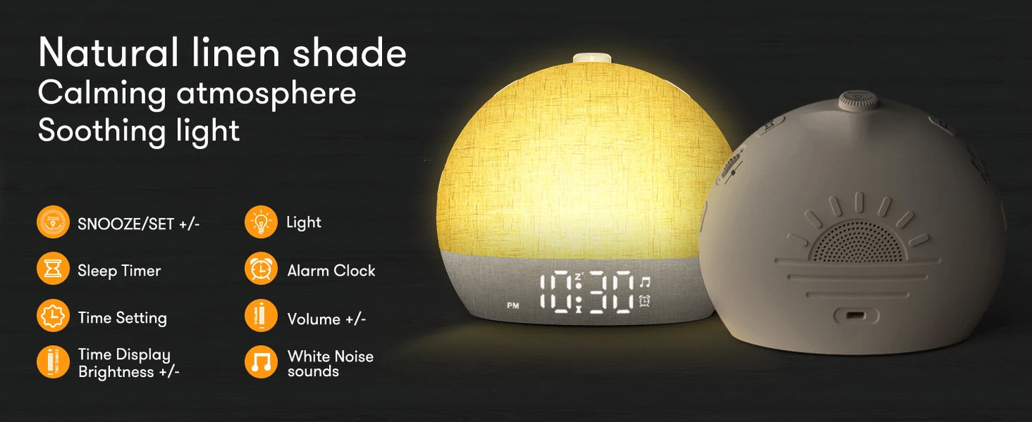 Wake Up Light Sunrise Alarm Clock Timer 30 White Noise Sound Machine Dimmable RGB Night Lights Sleep Aid Snooze Ideal for Gift