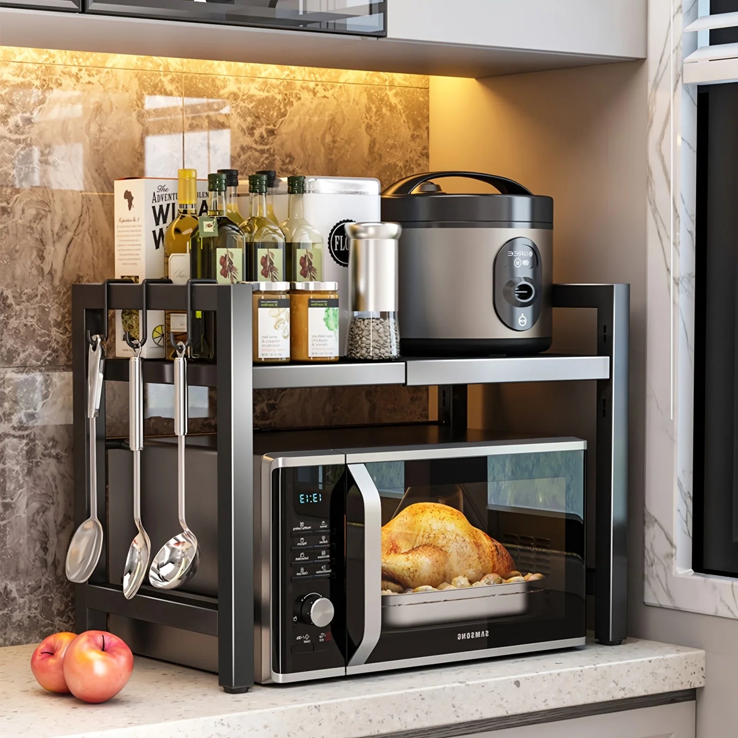 Expandable Microwave Shelf, Microwave Holder with 6 Hooks, Kitchen Storage Rack, Baking Rack, Extendable 40-64cm