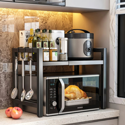 Expandable Microwave Shelf, Microwave Holder with 6 Hooks, Kitchen Storage Rack, Baking Rack, Extendable 40-64cm