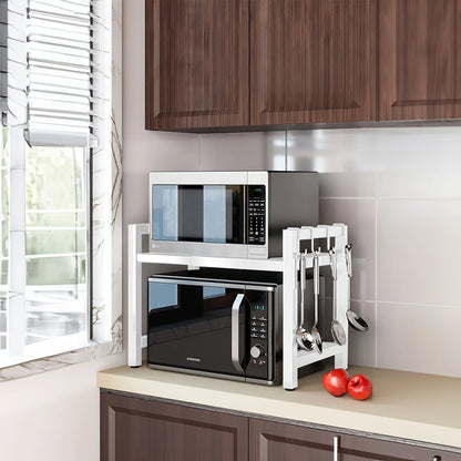 Expandable Microwave Shelf, Microwave Holder with 6 Hooks, Kitchen Storage Rack, Baking Rack, Extendable 40-64cm