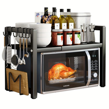 Expandable Microwave Shelf, Microwave Holder with 6 Hooks, Kitchen Storage Rack, Baking Rack, Extendable 40-64cm