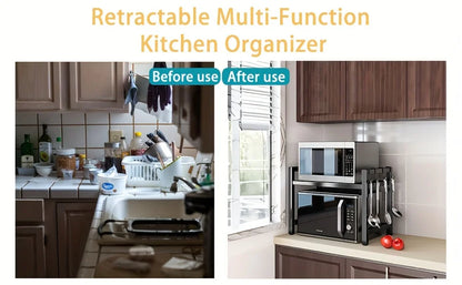 Expandable Microwave Shelf, Microwave Holder with 6 Hooks, Kitchen Storage Rack, Baking Rack, Extendable 40-64cm