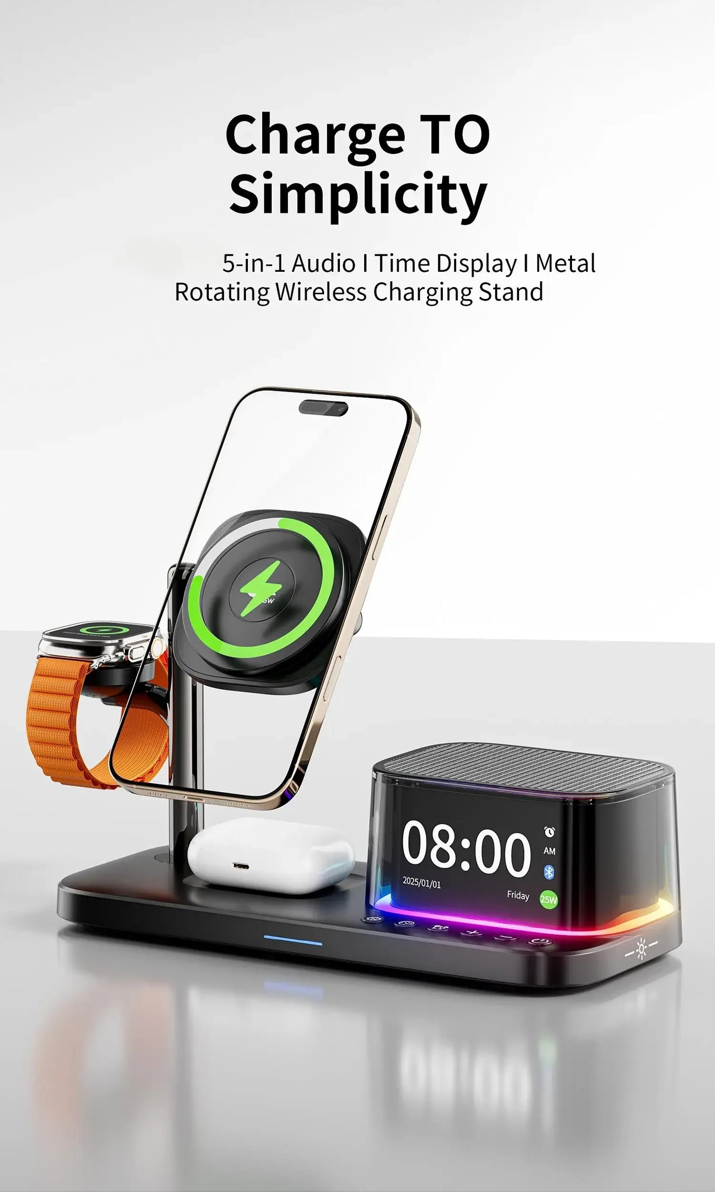 Qi2.2 25W 5 in 1 Magnetic Wireless Charger Stand Bluetooth Speaker Fast Charging For iPhone 17 Pro Apple Samsung Watch 2-9 SE