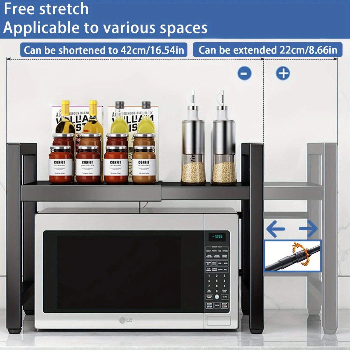 Expandable Microwave Shelf, Microwave Holder with 6 Hooks, Kitchen Storage Rack, Baking Rack, Extendable 40-64cm