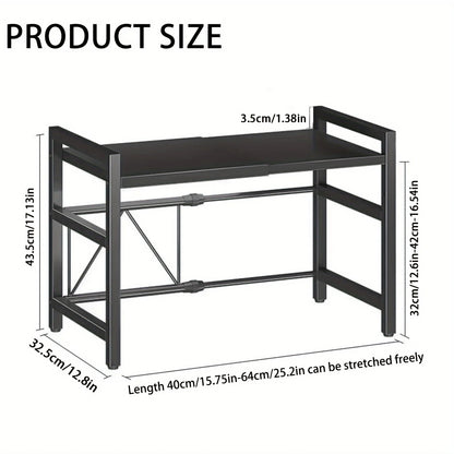 Expandable Microwave Shelf, Microwave Holder with 6 Hooks, Kitchen Storage Rack, Baking Rack, Extendable 40-64cm