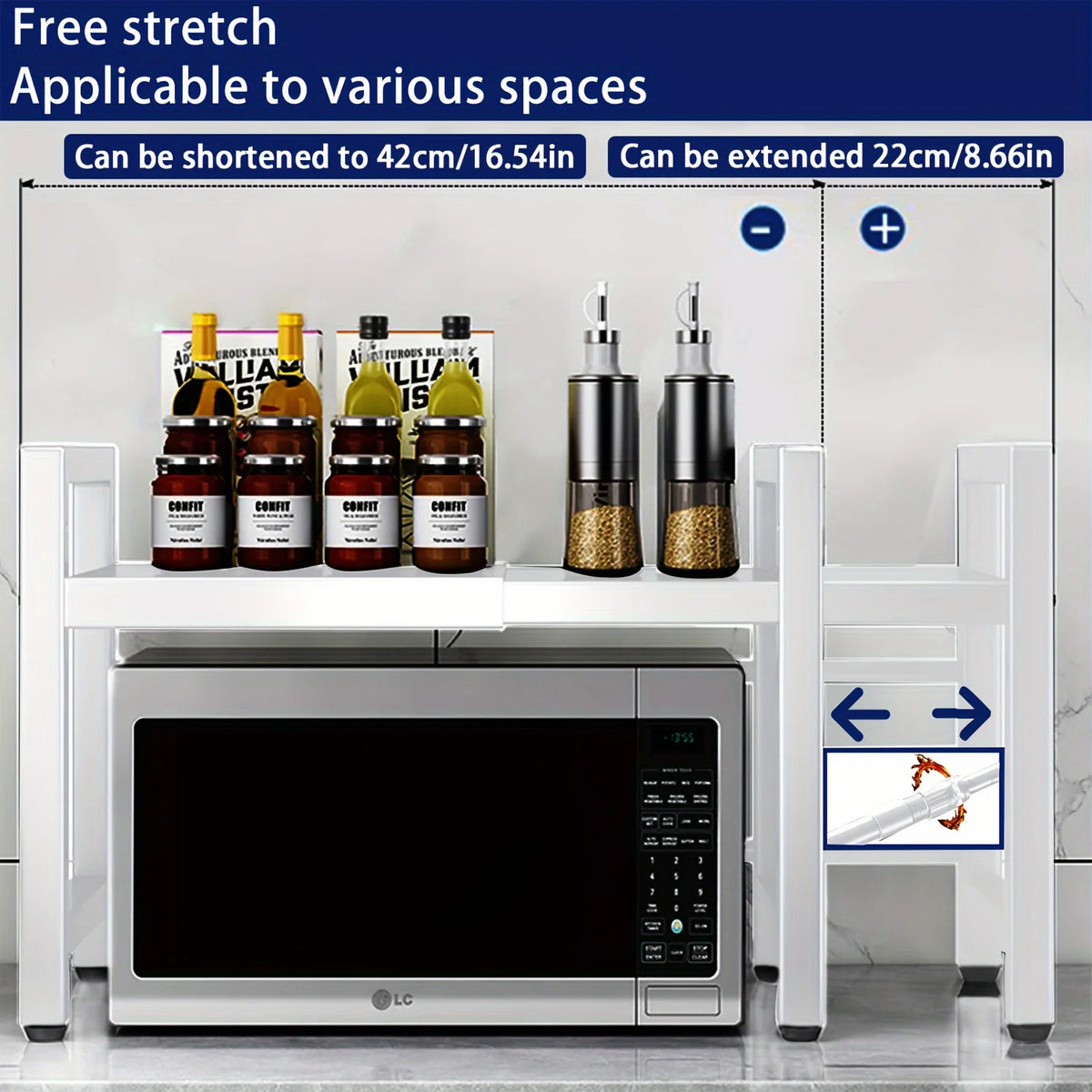 Expandable Microwave Shelf, Microwave Holder with 6 Hooks, Kitchen Storage Rack, Baking Rack, Extendable 40-64cm