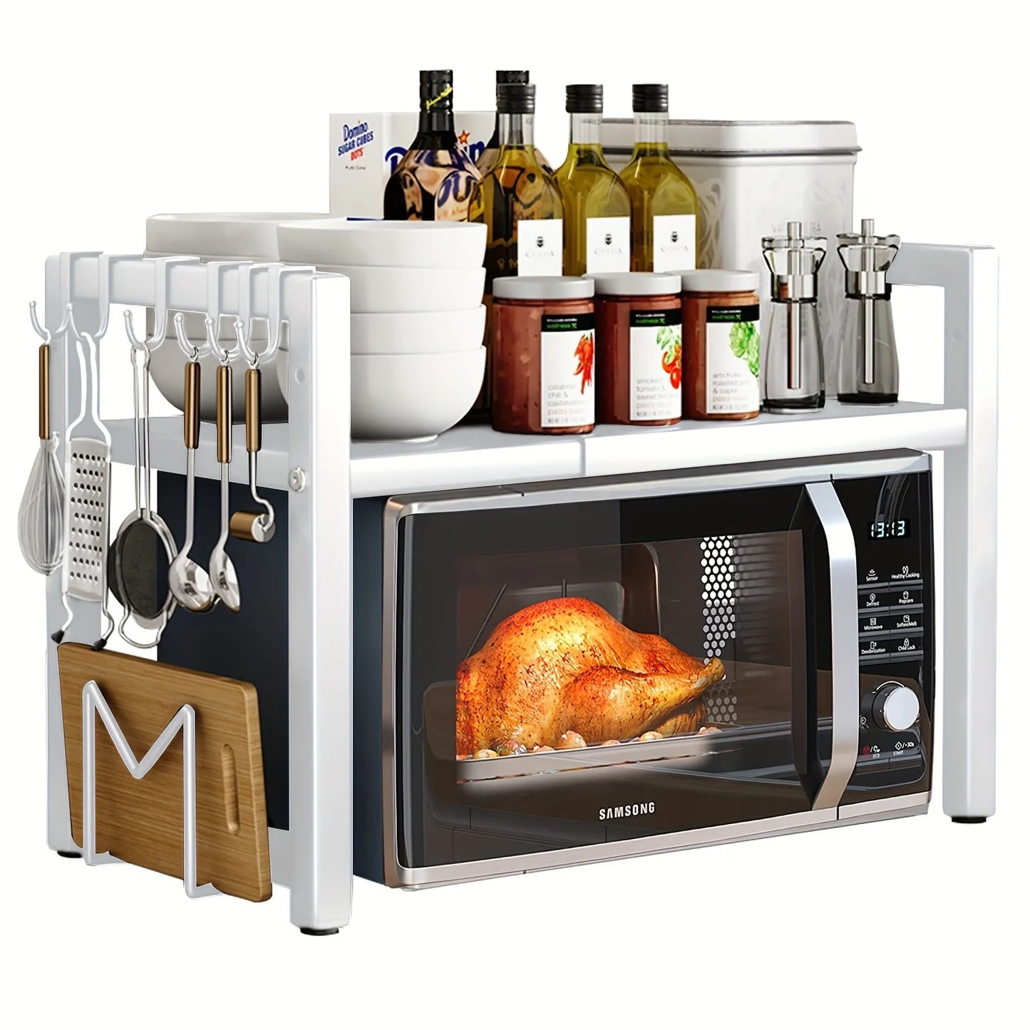 Expandable Microwave Shelf, Microwave Holder with 6 Hooks, Kitchen Storage Rack, Baking Rack, Extendable 40-64cm