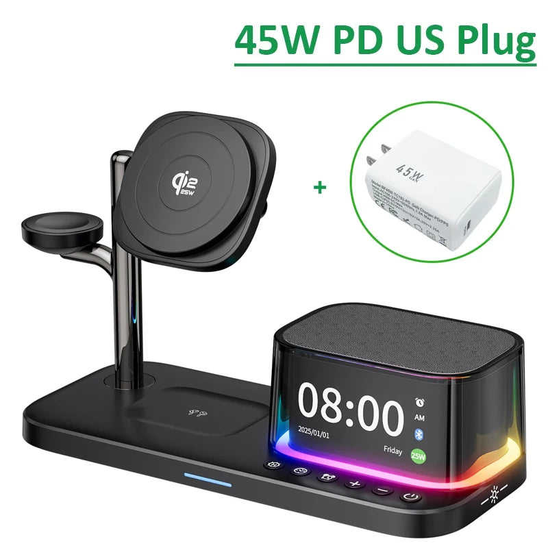Qi2.2 25W 5 in 1 Magnetic Wireless Charger Stand Bluetooth Speaker Fast Charging For iPhone 17 Pro Apple Samsung Watch 2-9 SE