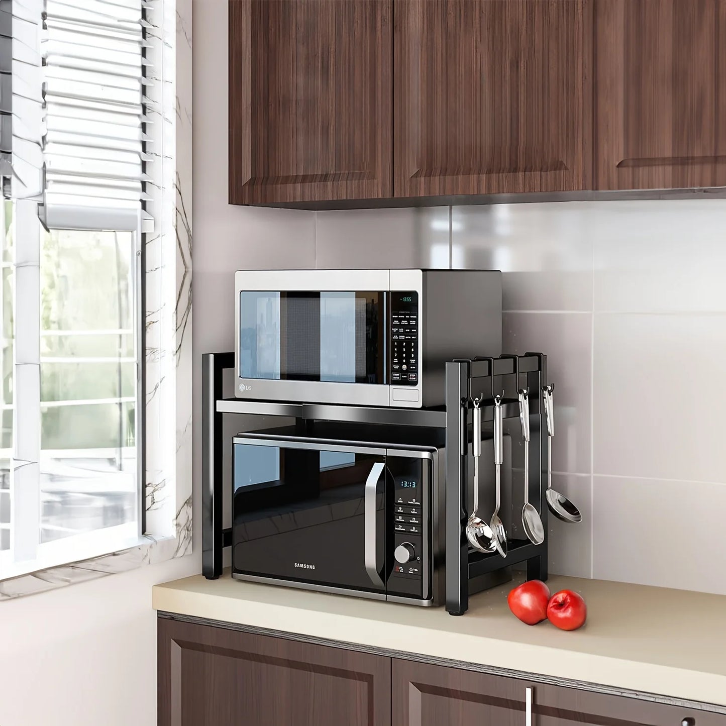 Expandable Microwave Shelf, Microwave Holder with 6 Hooks, Kitchen Storage Rack, Baking Rack, Extendable 40-64cm