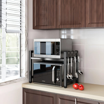 Expandable Microwave Shelf, Microwave Holder with 6 Hooks, Kitchen Storage Rack, Baking Rack, Extendable 40-64cm