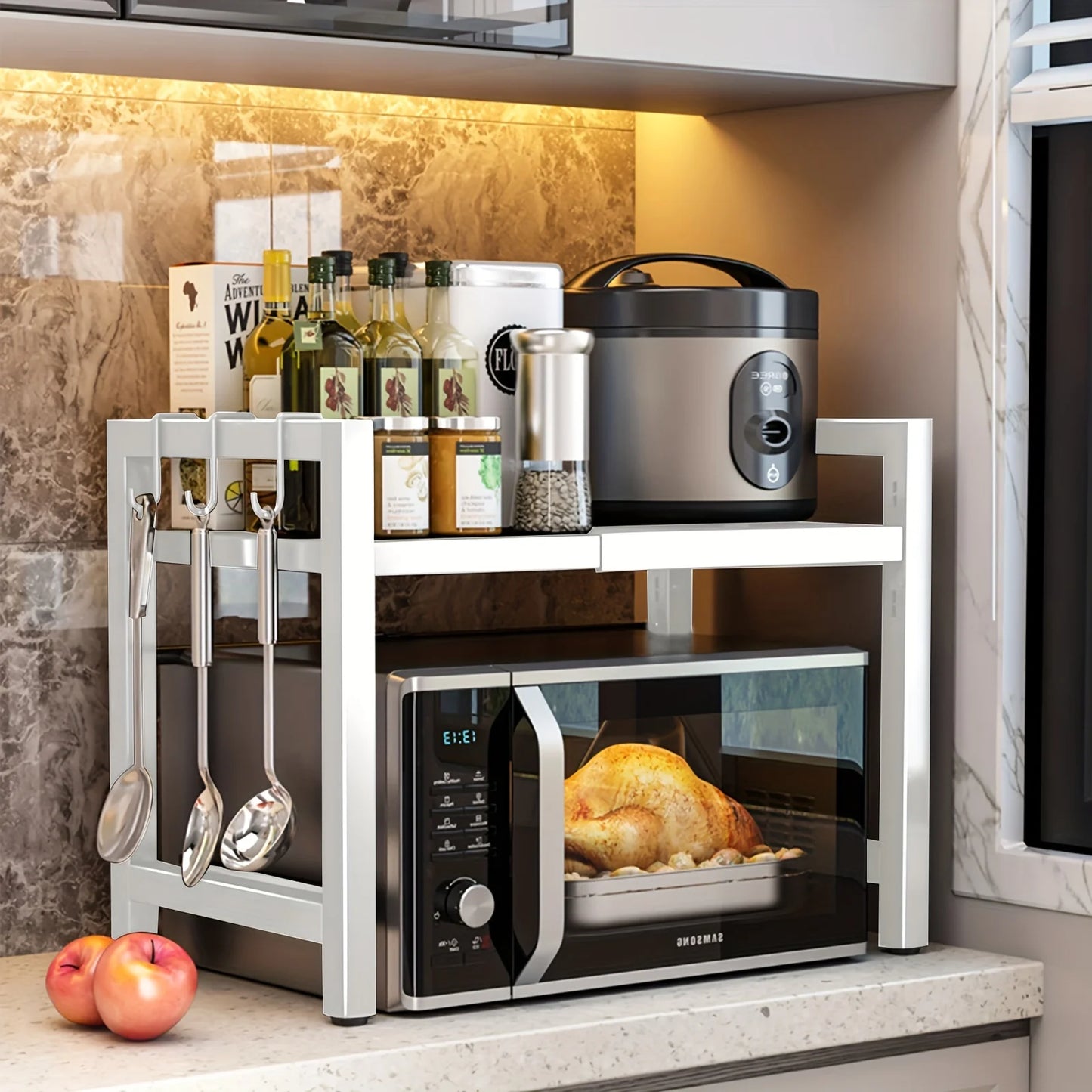 Expandable Microwave Shelf, Microwave Holder with 6 Hooks, Kitchen Storage Rack, Baking Rack, Extendable 40-64cm