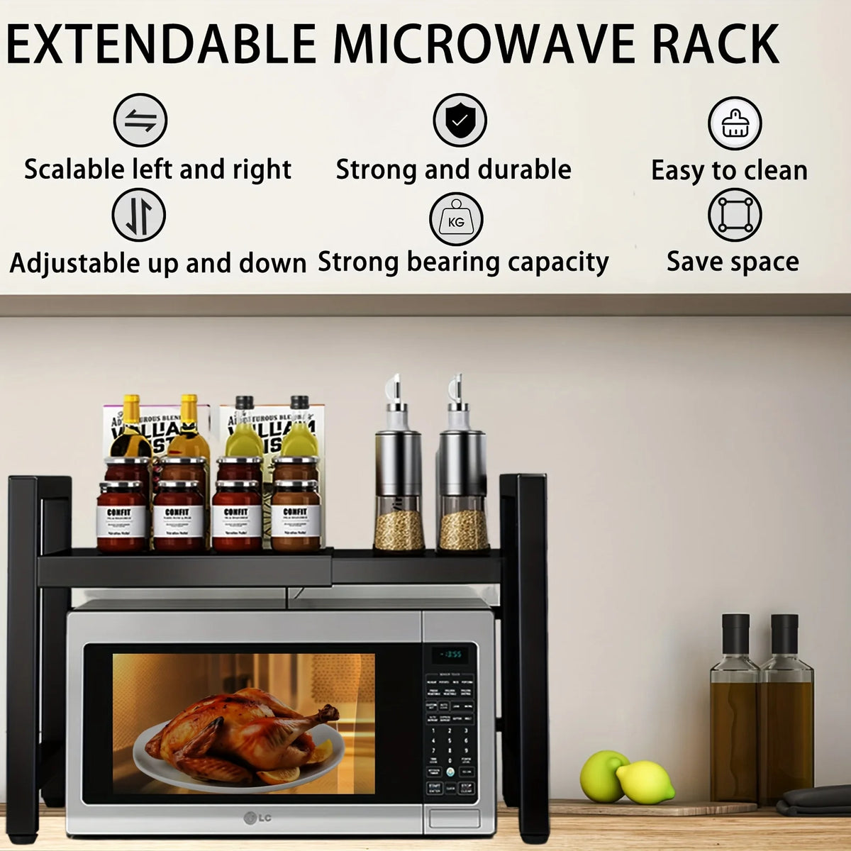 Expandable Microwave Shelf, Microwave Holder with 6 Hooks, Kitchen Storage Rack, Baking Rack, Extendable 40-64cm